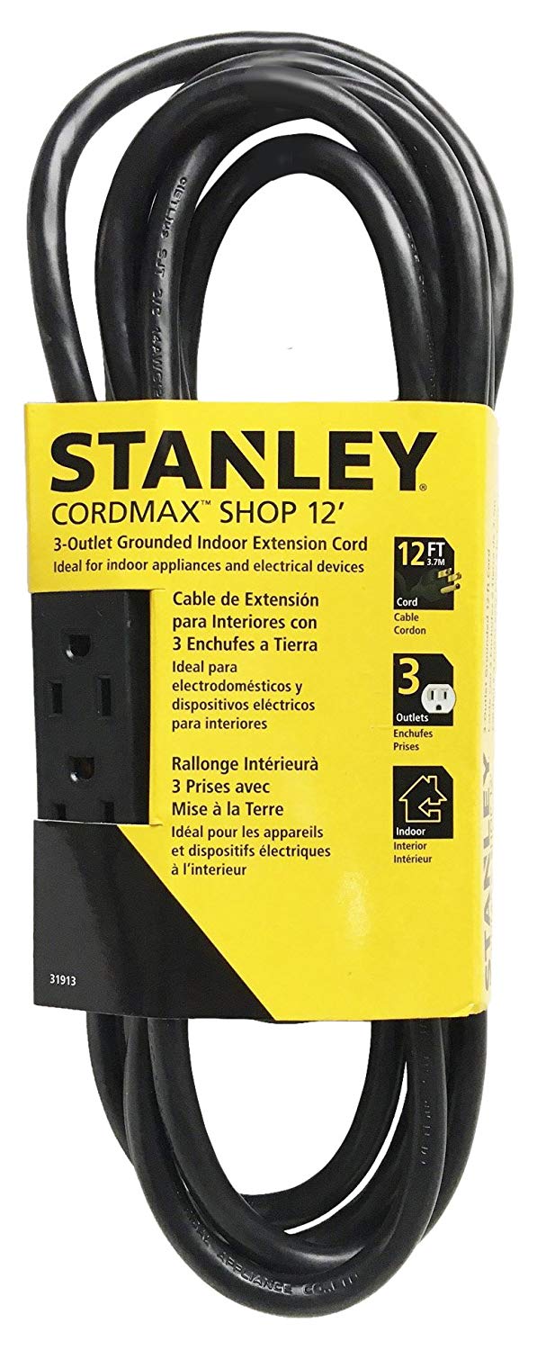 Stanley 31141 Cordmax Home 9 Grounded Low Profile 3-Outlet Indoor Extension  Cord, 9Ft White, 