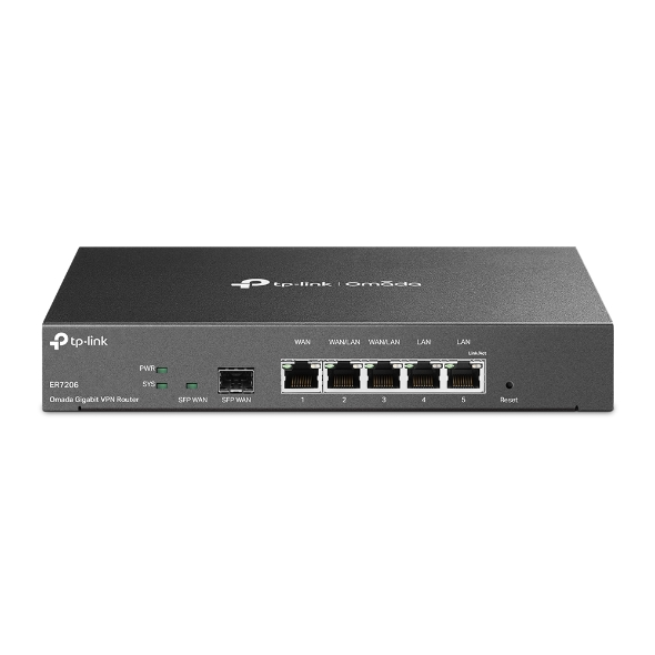 TPLINK SafeStream Gigabit Multi-WAN VPN Router PORT: 1X Gigabit SFP WAN Port, 1X Gigabit RJ45 WAN Port, 2X Gigabit WAN/LAN RJ45 Ports, 2X Gigabit RJ45 LAN portFEATURE: Integration with Omada SDN Controller, Support 100 IPsec VPN Tunnels, 50 PPTP/L2TP VPN Tunnels, 50 OpenVPN Tunnels, 150000 Concurrent Sessions, Load Balance, Link Backup, Policy-based Firewall, Static Routing, Policy Routing, Multi-net DHCP, Guest Portal, VLAN